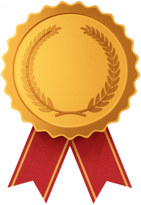 Gyldent prisbånd med røde bånd og laurbærkrans